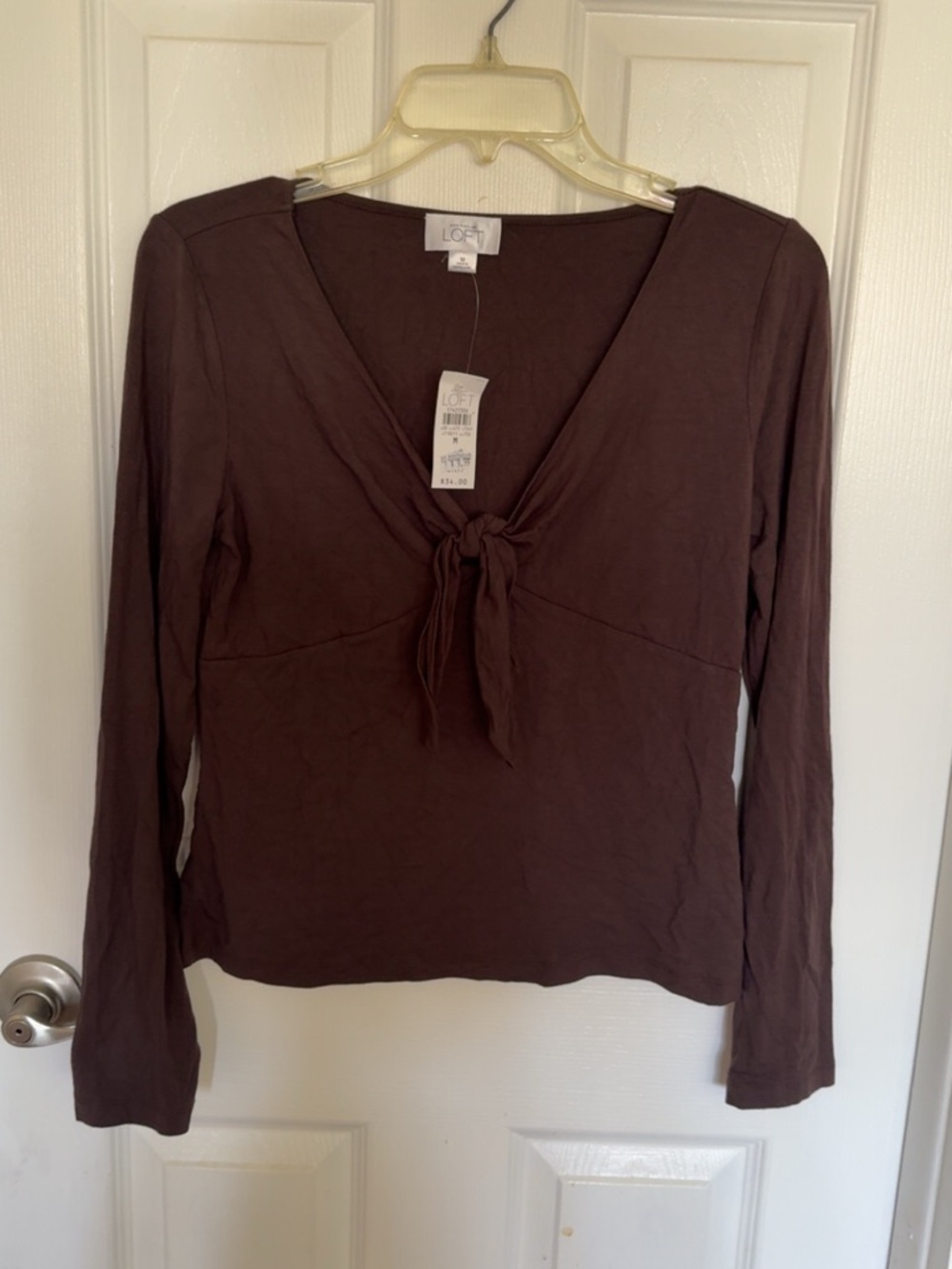 LOFT Brown Long Sleeve V-Neck Tie-Front Top